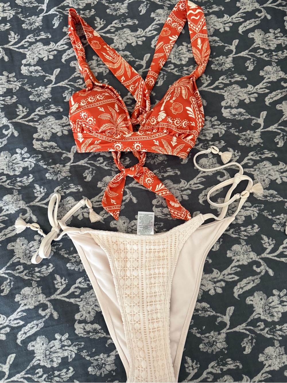 Rust Printed Tie-Front Bikini Top with Cream Crochet Bikini Bottom